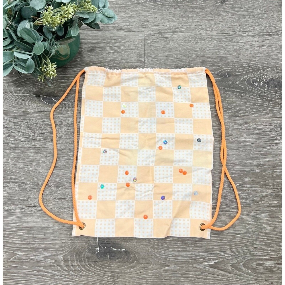 Oaks Of Acorn Peach Check Drawstring Backpack NEW